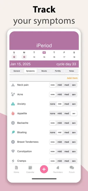 iPeriod screen: Track symptoms, moods and notes with 80+ options